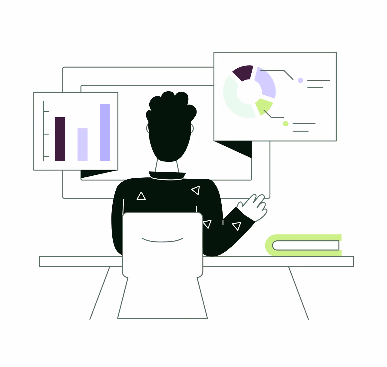 Illustration of a person sitting at a desk working on a computer with bar and pie chart graphics displayed on the screen.