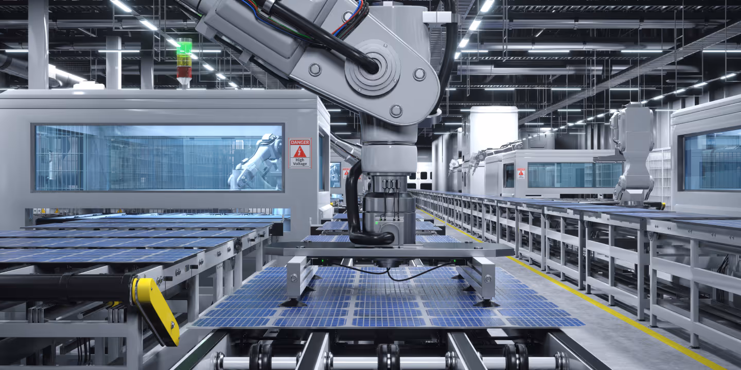 Robotic arm assembling solar panels on a production line in a high-tech factory.
