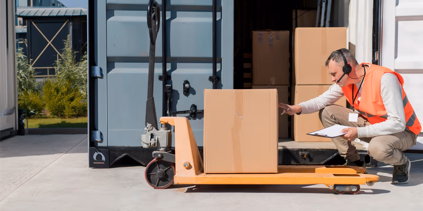 Warehouse worker wearing orange safety vest and headset inspecting a cardboard box on a pallet jack outside a shipping container.