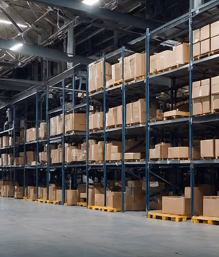 Warehouse interior with tall metal racks filled with stacked cardboard boxes on pallets.
